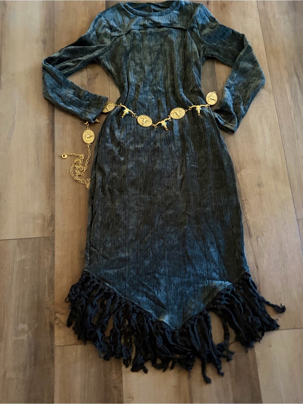 Vintage-Inspired Black Fringe Velvet Dress with Gold Coin Belt